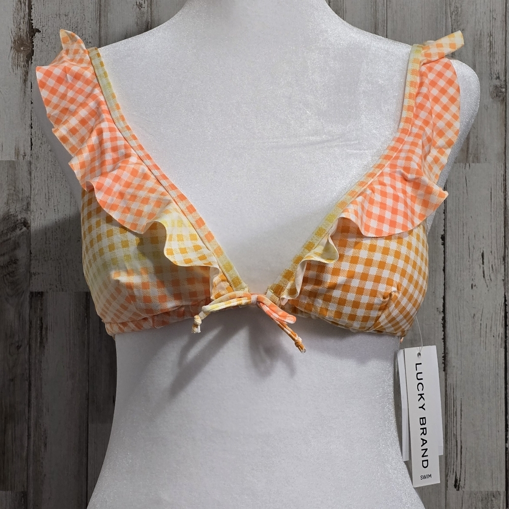 Lucky Brand Gingham Ruffle Bikini Top Orange Yellow Tie Back Size Medium